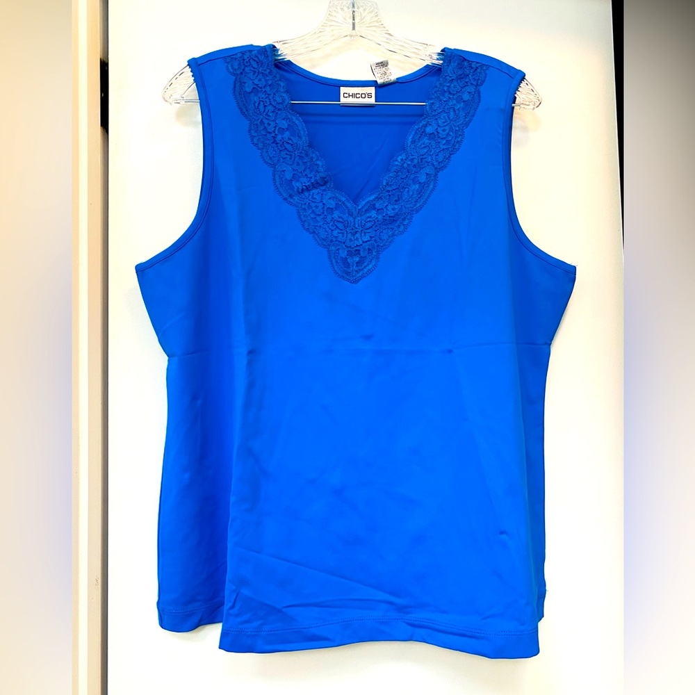 Chico’s V-Neck Tank with Embroidery;  Neptune Blue;  Size 3 (Chico’s sizing)